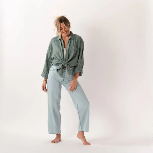 NWT - Lotus and Luna: Boyfriend Button Up Shirt  - Sage - Picture 6 of 9